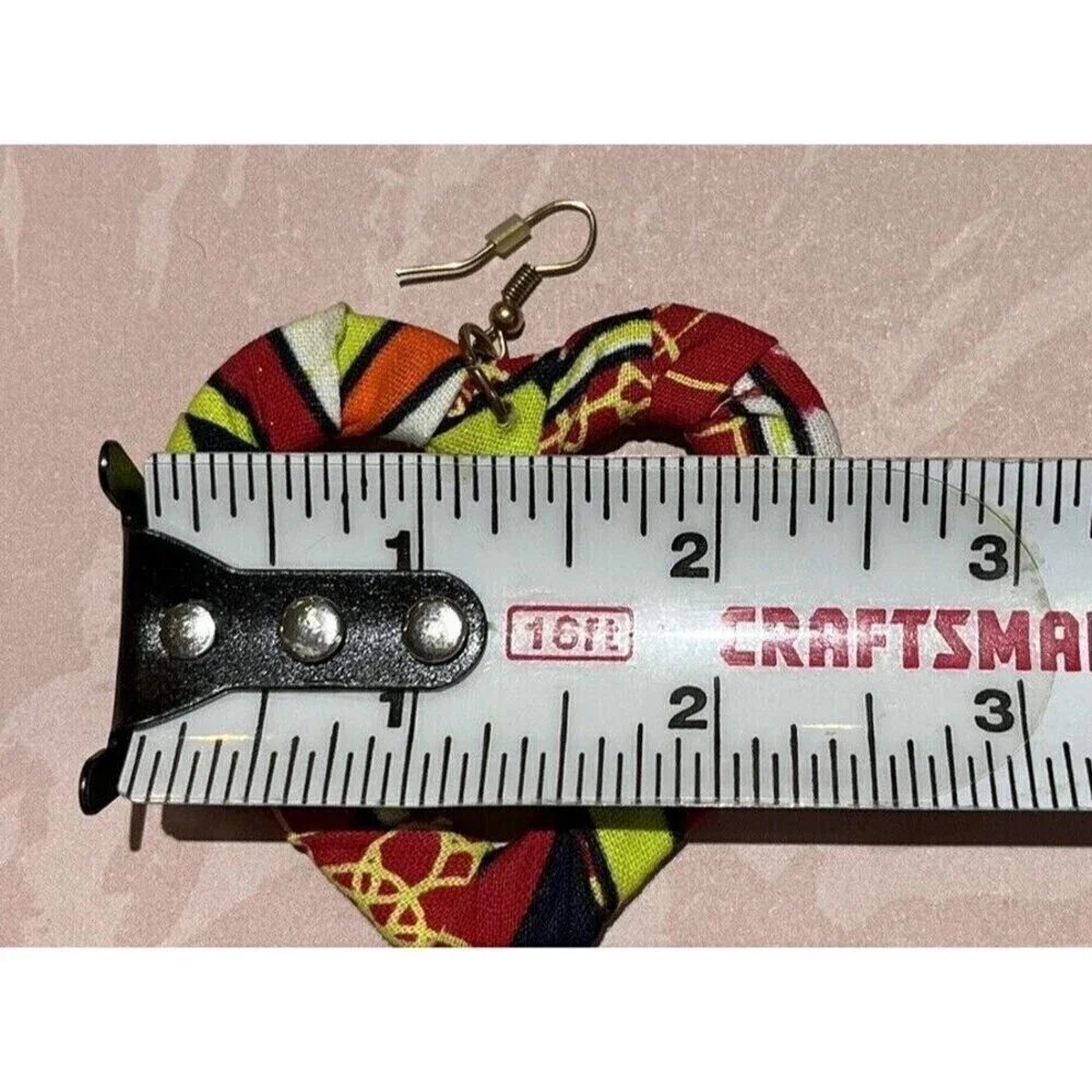 Vintage Womens Handmade Fabric Heart Dangle Earrings Large 80s Punk Rave